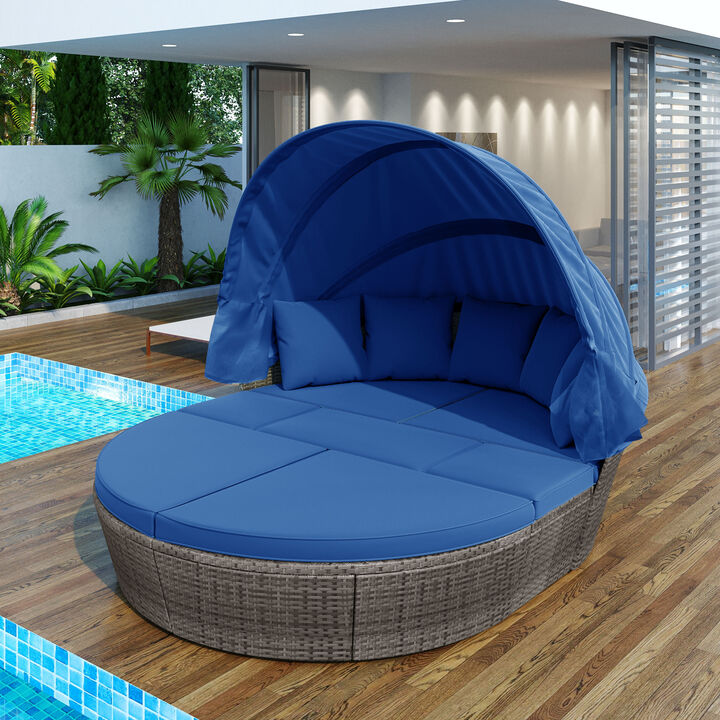 Whisen Outdoor Rattan Daybed Sunbed with Retractable Canopy Wicker Furniture, Round Outdoor Sectional Sofa Set