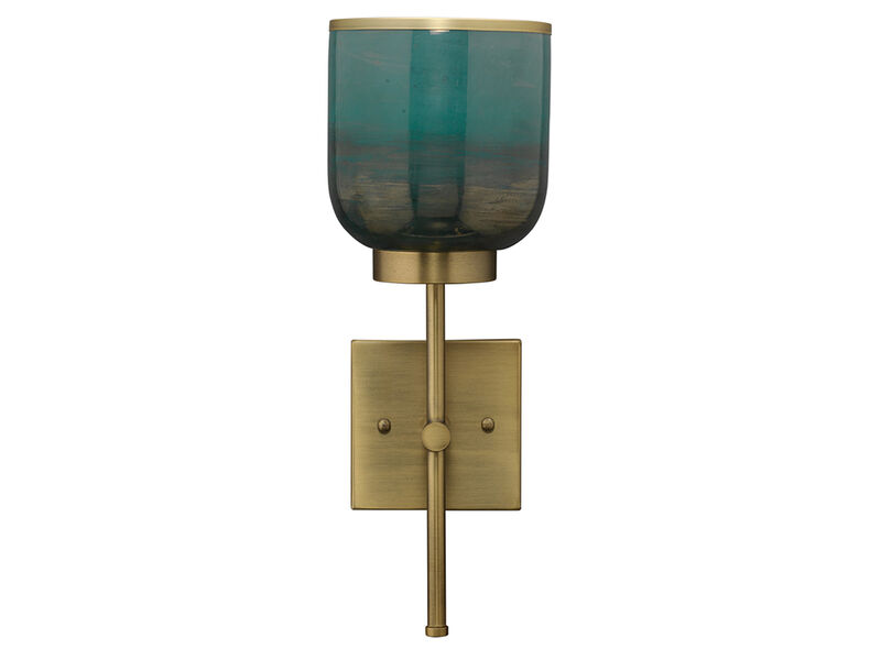 Vapor Single Sconce, Antique Brass and Aqua Metallic Glass