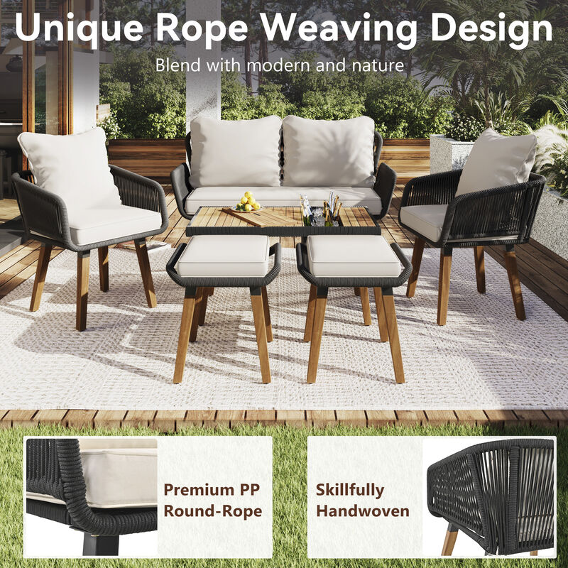 Modern & Coastal Farmhouse 6-Piece Unique Rope Woven Outdoor Patio Furniture Set