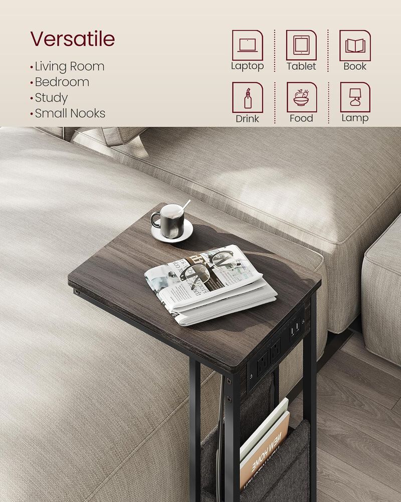 C-Shaped Side Table, End Table with Charging Station, 2 USB Ports and Outlets