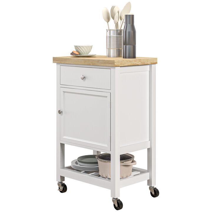 White Kitchen Cart: Rubberwood Top, Wine Rack, Wheeled