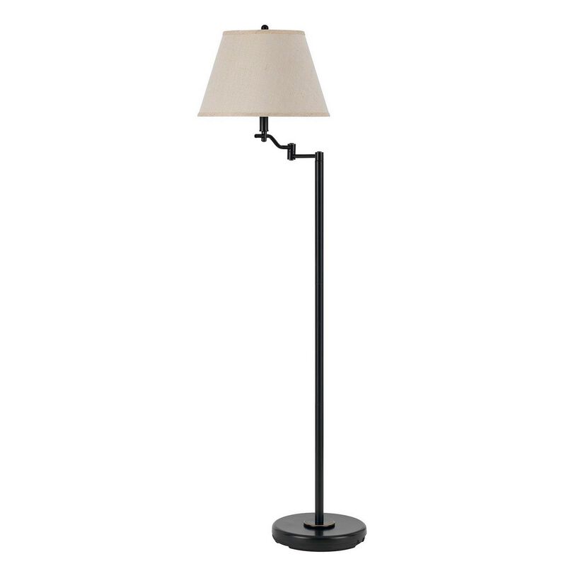 3 Way Metal Body Floor Lamp with Swing Arm and Conical Fabric Shade, Black-Benzara