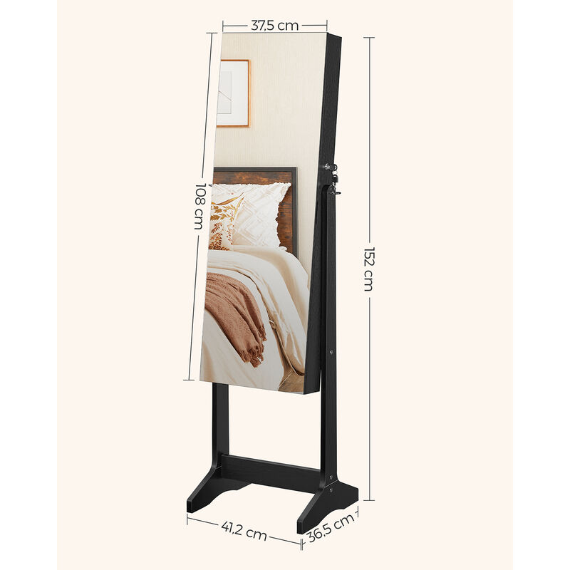 Mirror Jewelry Armoire with Lock, Freestanding Design, and 2 Plastic Cosmetic Storage Compartments