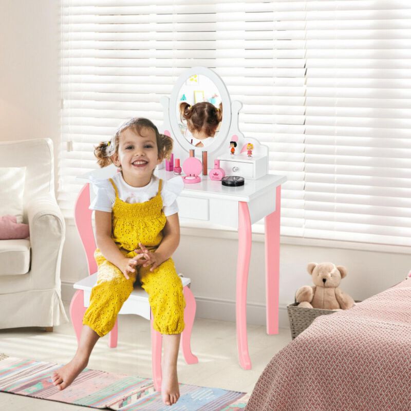 Hivvago Kids Vanity Princess Makeup Dressing Table Stool Set with Mirror and Drawer