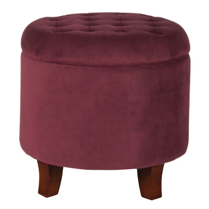 Button Tufted Velvet Upholstered Wooden Ottoman with Hidden Storage, Red and Brown - Benzara