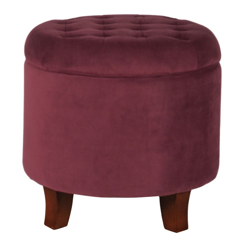Button Tufted Velvet Upholstered Wooden Ottoman with Hidden Storage, Red and Brown - Benzara