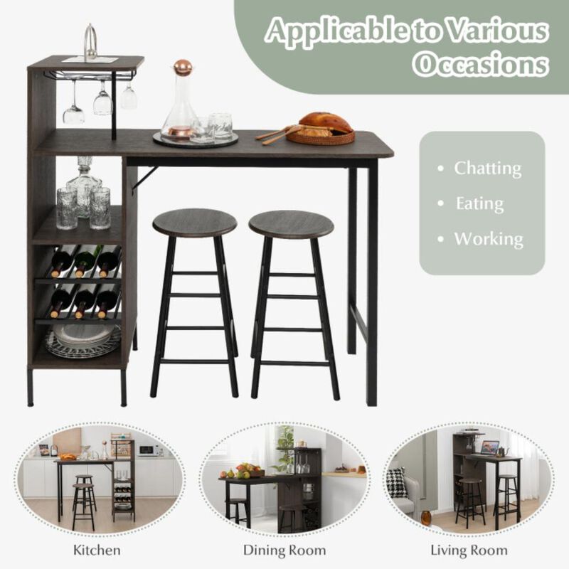 Hivvago 3 Piece Bar Table and Chairs Set with 6-Bottle Wine Rack