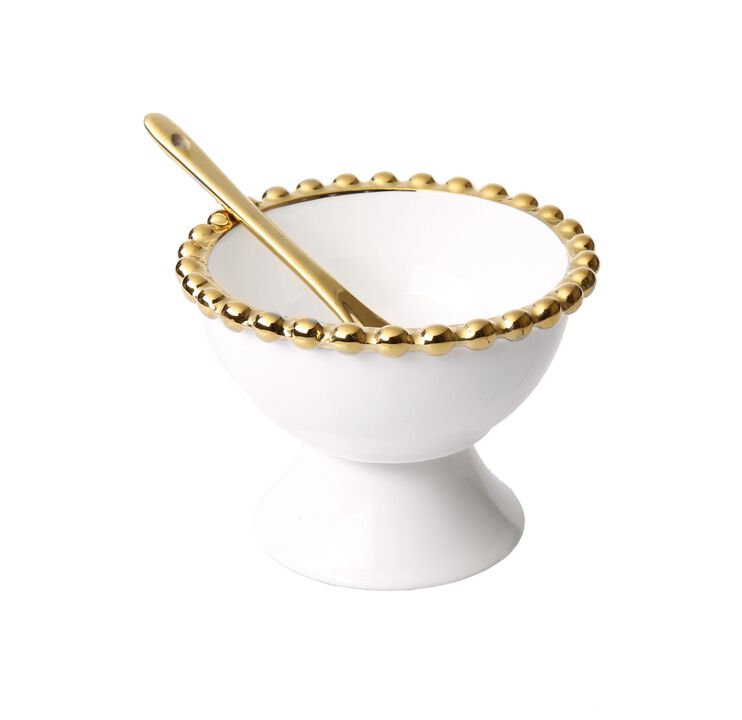 Set of 4 Porcelain White Dessert Cups with Gold Beaded Design