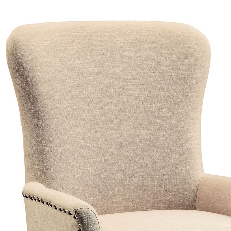 Wooden Arm Chair with Wing Back and Nailhead Trims, Beige and Brown-Benzara