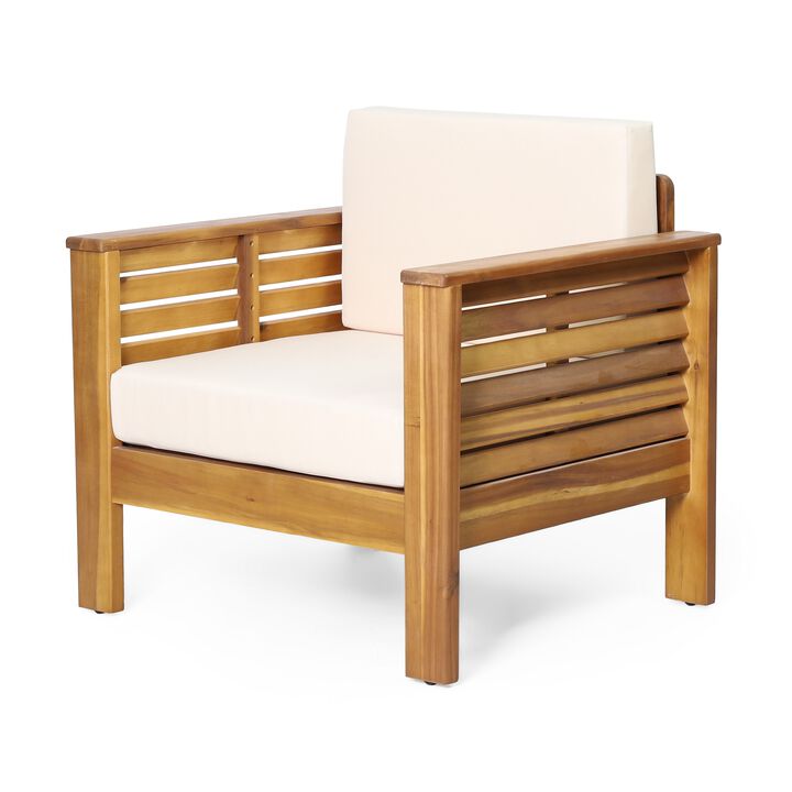 Siyal Outdoor Club Accent Chair Set of 2, Soft Beige, Brown Acacia Wood - Benzara