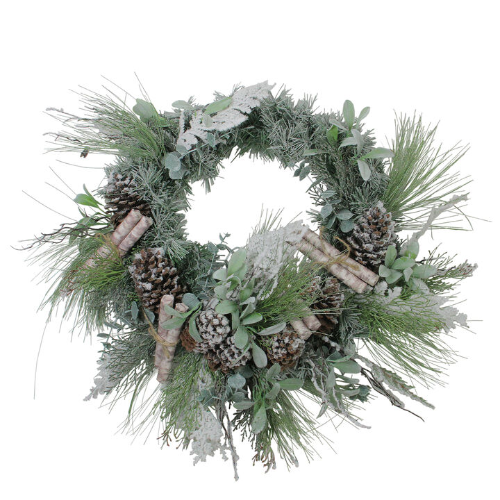 24� Artificial Frosted Pine  Birch Scrolls and Pine Cone Christmas Wreath - Unlit
