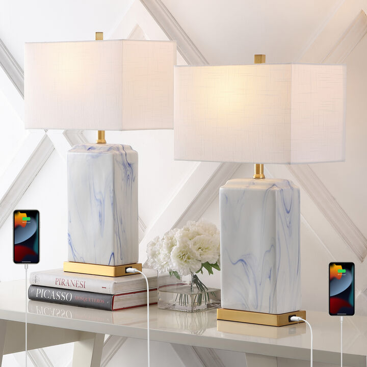 Chloe Modern Coastal Iron/Marbled Ceramic LED Table Lamp with USB Charging Port