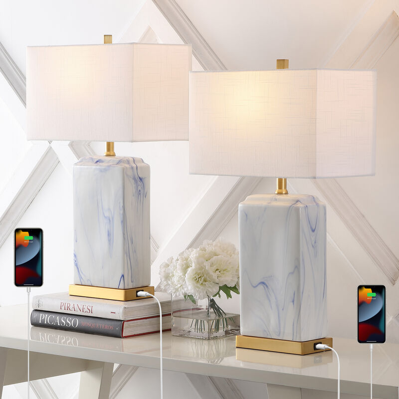 Chloe Modern Coastal Iron/Marbled Ceramic LED Table Lamp with USB Charging Port