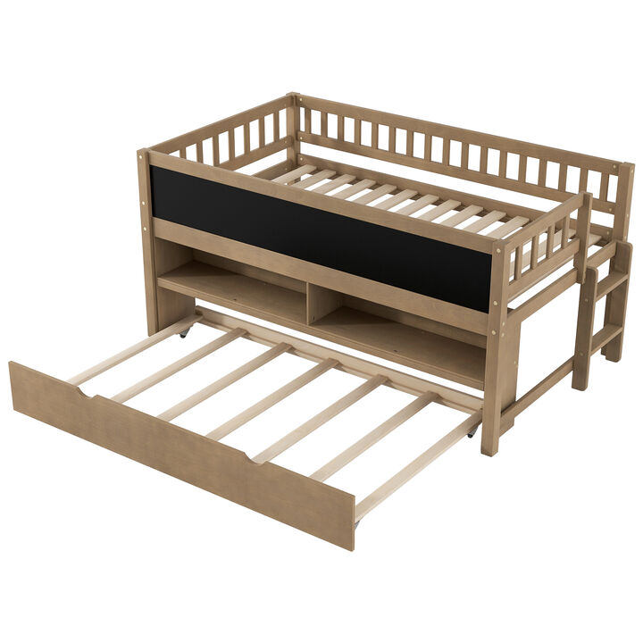 Merax Low Loft Bed with Storage Shelves and Trundl