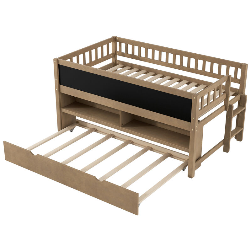 Merax Low Loft Bed with Storage Shelves and Trundl