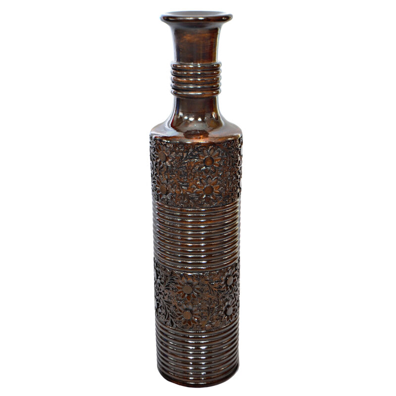 Antique Decorative Brown Hand Curved Mango Wood Floor Flower Vase with Unique Textured Pattern, 36 Inch