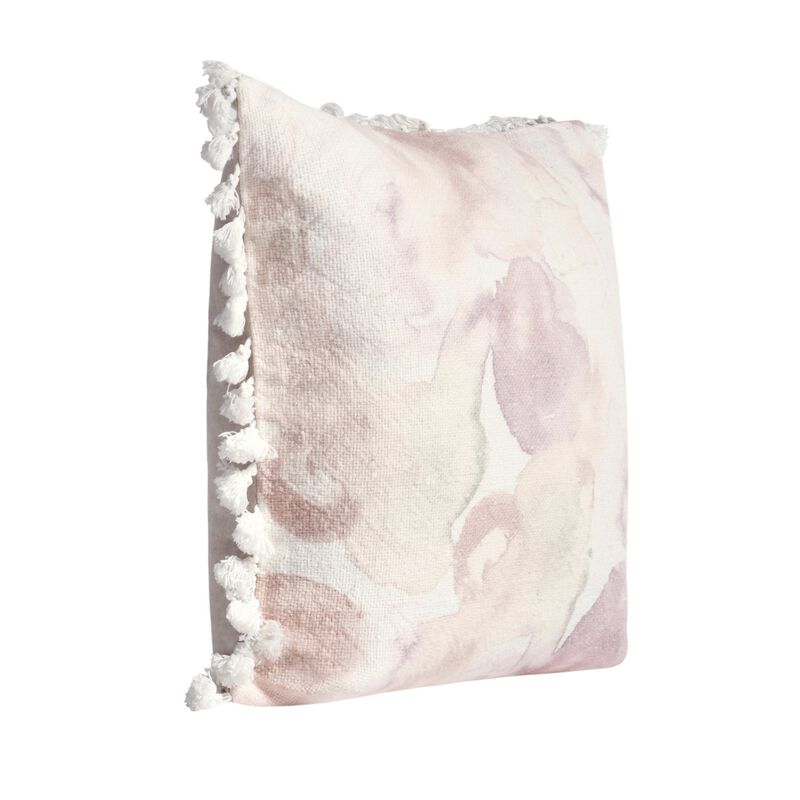 Luos Throw Pillow, Tasseled Edges, 20 Inch Pink Cotton Linen Blend - Benzara
