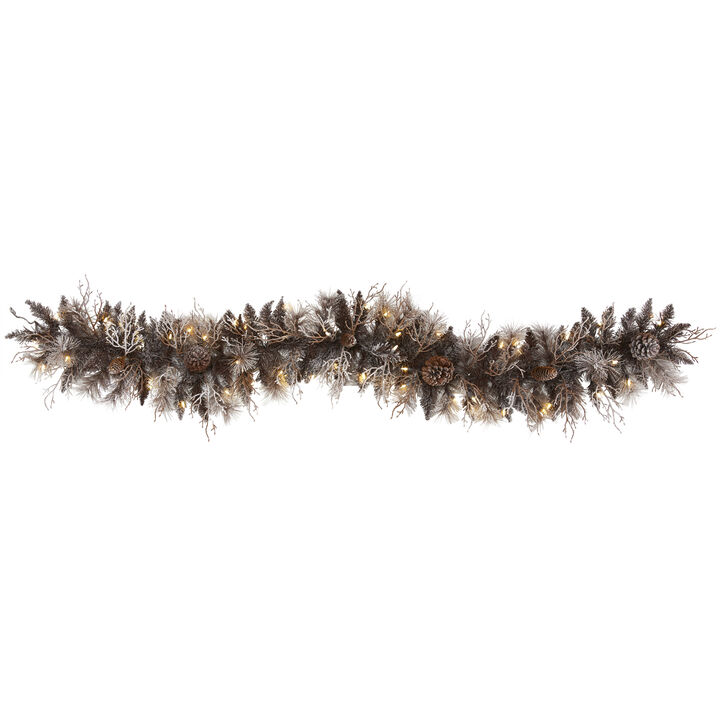 Hivvago 6' Flocked Artificial Christmas Garland with 50 White Warm LED Lights and Pine Cones