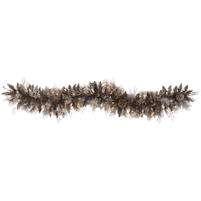 Hivvago 6' Flocked Artificial Christmas Garland with 50 White Warm LED Lights and Pine Cones