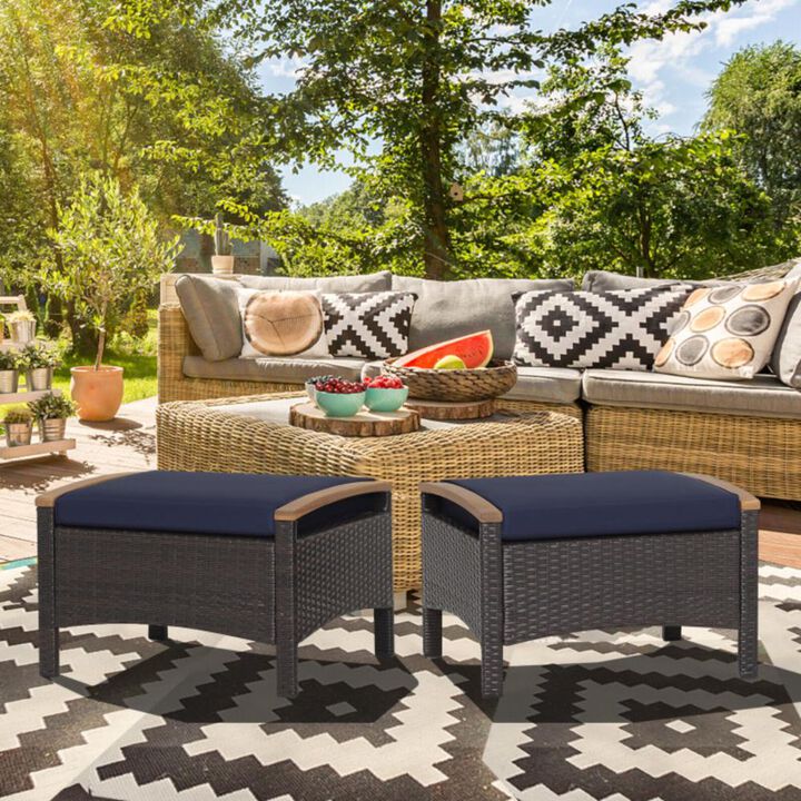 Hivvago Set of 2 Wicker Patio Ottoman Fade-Resistant Foot Rest with Cushion