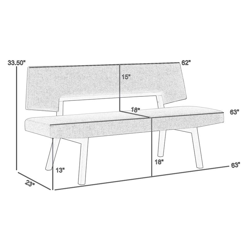 Yumi 63 Inch Dining Bench, Seat and Back with Charcoal Gray Fabric, Black - Benzara