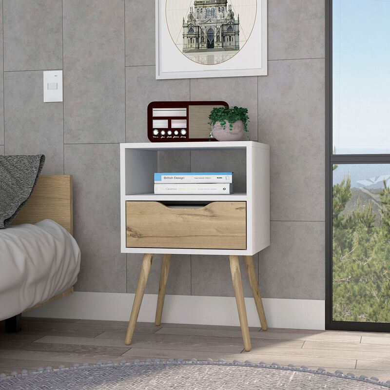 DEPOT E-SHOP Emma Nightstand, Superior Top, Four Legs, One Open Shelf, One Drawer, Dark Walnut