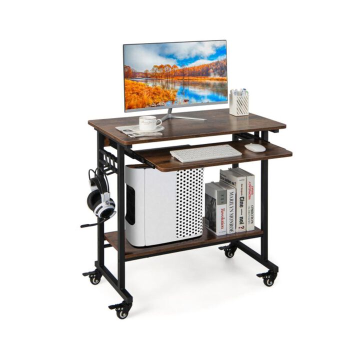Hivvago Rolling Laptop Table with Pull-out Keyboard Tray and Hooks-Rustic Brown