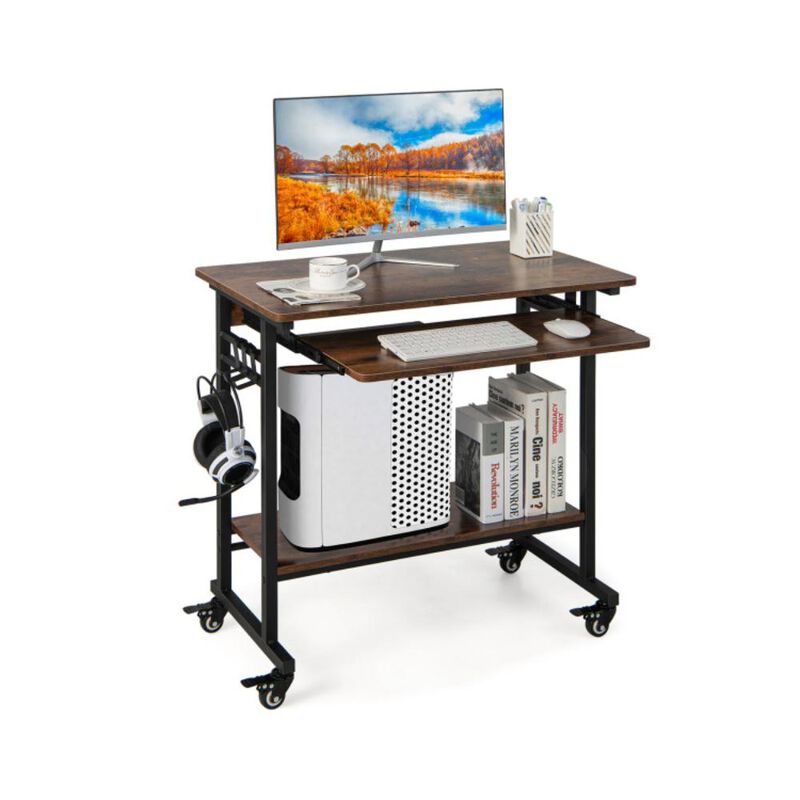 Hivvago Rolling Laptop Table with Pull-out Keyboard Tray and Hooks-Rustic Brown