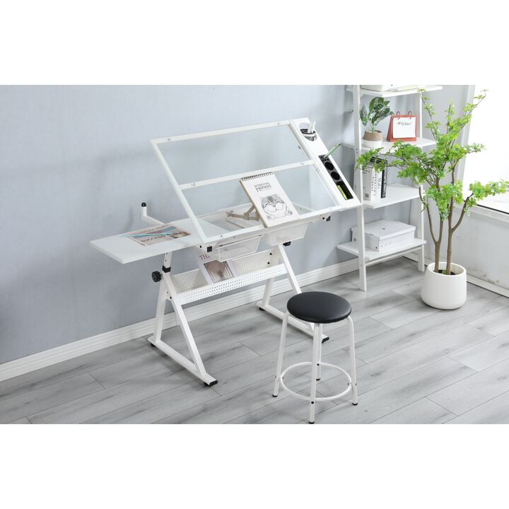 White Adjustable Tempered Glass Drafting Printing Table With Chair
