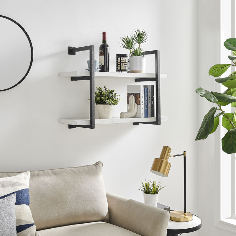 Modern 2-Tier Hanging Bracket Wall Shelves in Black Metal and White Birch Finish
