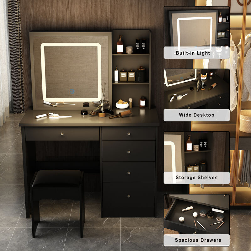 5-Drawers Black Wood LED Push-Pull Mirror Makeup Vanity Sets Dressing Table Sets with Stool and 3-Tier Storage Shelves