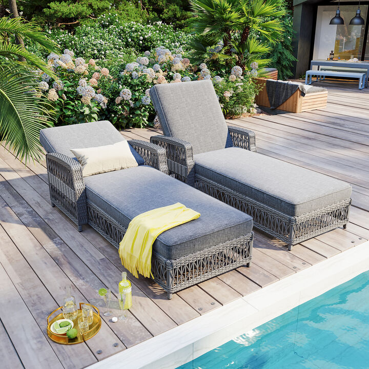 Whisen 2 Pieces Outdoor Wicker Long Reclining Chaise with Armrests, Patio Adjustable Recliner with Soft Removable Cushions