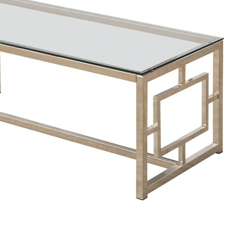 Tempered Glass Top Coffee Table with Lattice Cut Outs, Silver and Clear-Benzara