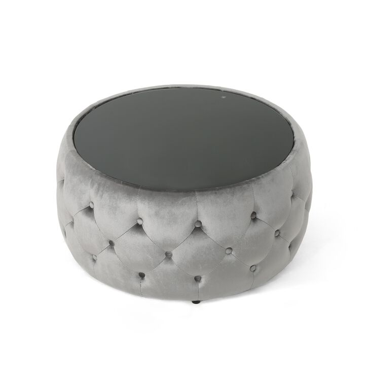 Pirana Ottoman Coffee Table, Gray Tuft Velvet, 30 Inch Tempered Glass - Benzara
