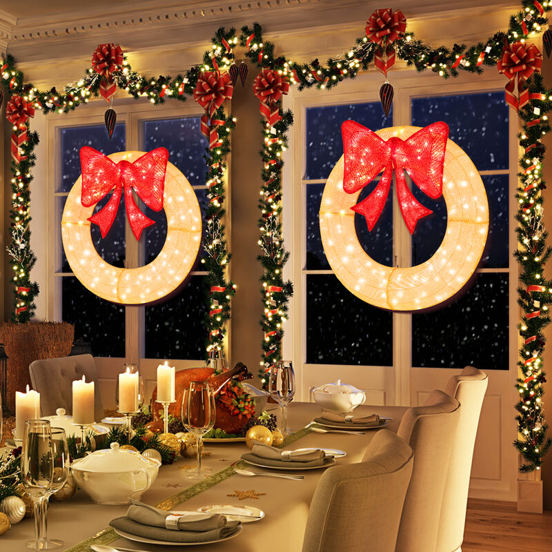 Pre-Lit Lighted Christmas Mesh Wreath with Large Bow and 200 LED Bulbs