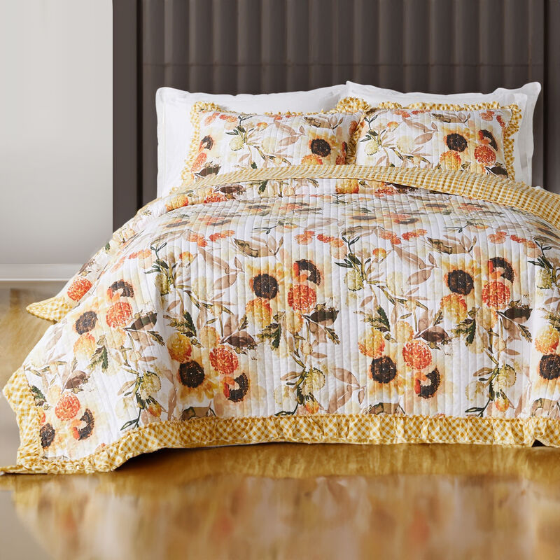 Kelsa 2 Piece Twin Quilt Set with Pillow Sham, Cotton, Ruffled Border, Gold-Benzara