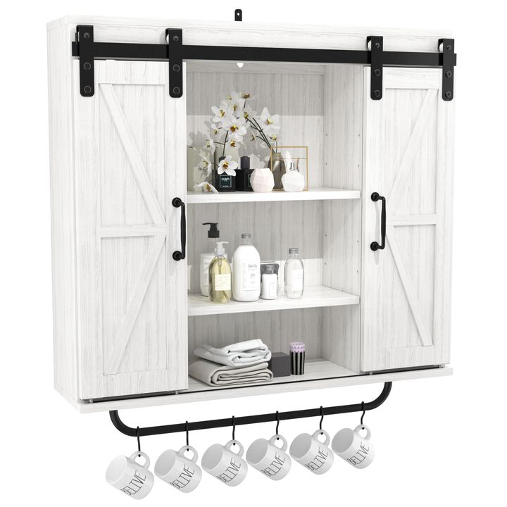 MONDAWE Rustic Wood Wall Storage Cabinet with Two Sliding Barn Door, 3-Tier Decorative Farmhouse Vintage Cabinet in Vintage White