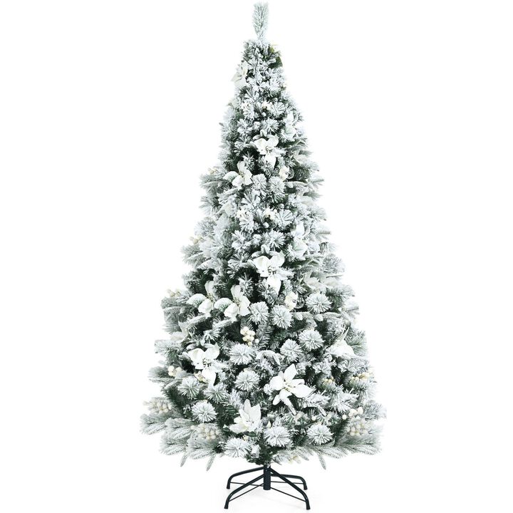 Snow Flocked Hinged Christmas Tree with Berries and Poinsettia Flowers