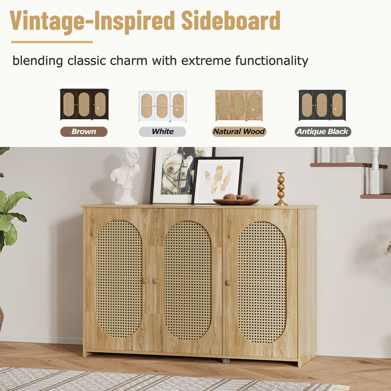 Clihome Retro 3-Door Sideboard with Large Storage Space Artificial Rattan Doors and Metal Handles, Accent Cabinet for Living Room and Hallway (Natural Wood)