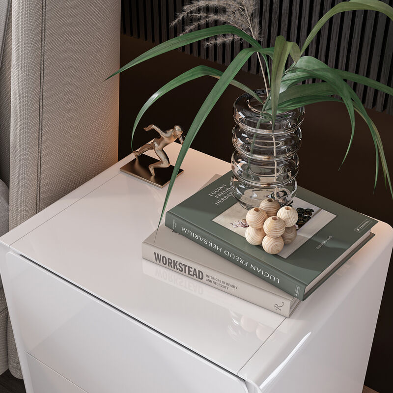 FUFU&GAGA LED Nightstand with 2 Drawers and USB Charging Port, High Gloss MDF Construction, Modern Design (19.6" W x 20" H x 15.7" D),White