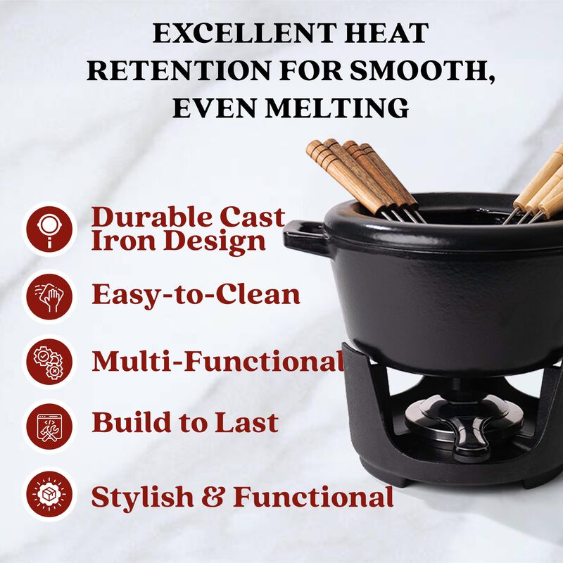 Alva Nori - Cast Iron Fondue Set - Melting Pot,Enameled Cast Iron Cookware Set,Fondue Pot with 8 Forks,Food Warmers for Parties,Cheese Melts,Hot Chocolate Maker,Non Toxic Cookware Set - 2 Qt 8"