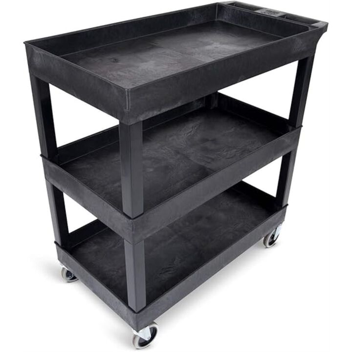 Ergode 32" x 18" Mobile Multipurpose Utility Tub Cart with 3 Shelves and Ergonomic Handle - Black, Great for Warehouse, Garage and More