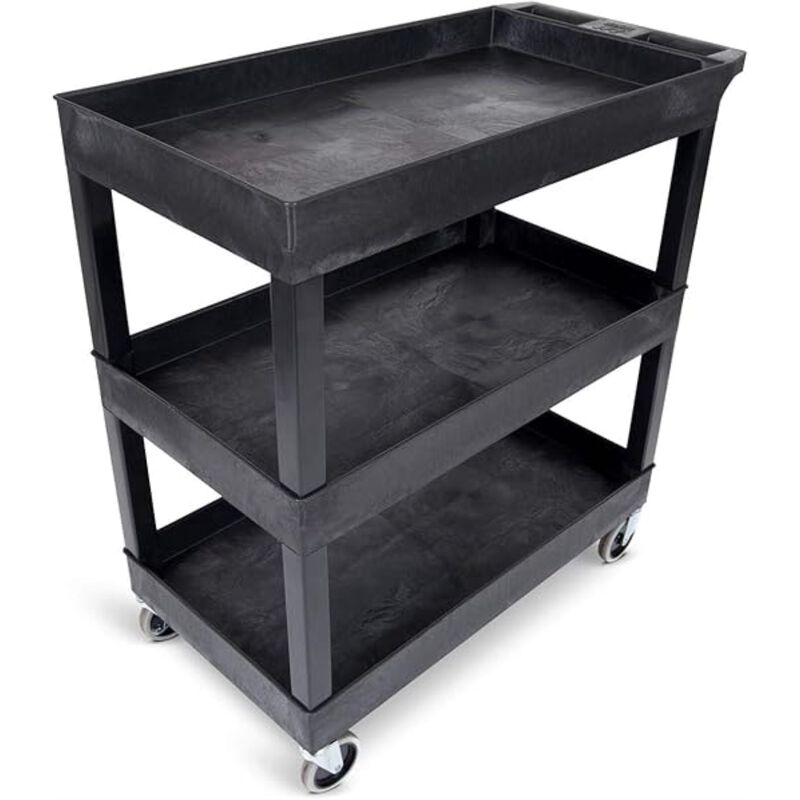 Ergode 32" x 18" Mobile Multipurpose Utility Tub Cart with 3 Shelves and Ergonomic Handle - Black, Great for Warehouse, Garage and More