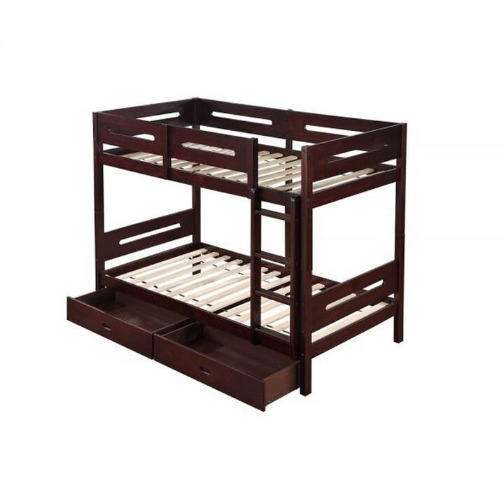 Asin Twin Bunk Bed, Front Facing Ladder, Storage, Solid Pine Wood, Brown - Benzara