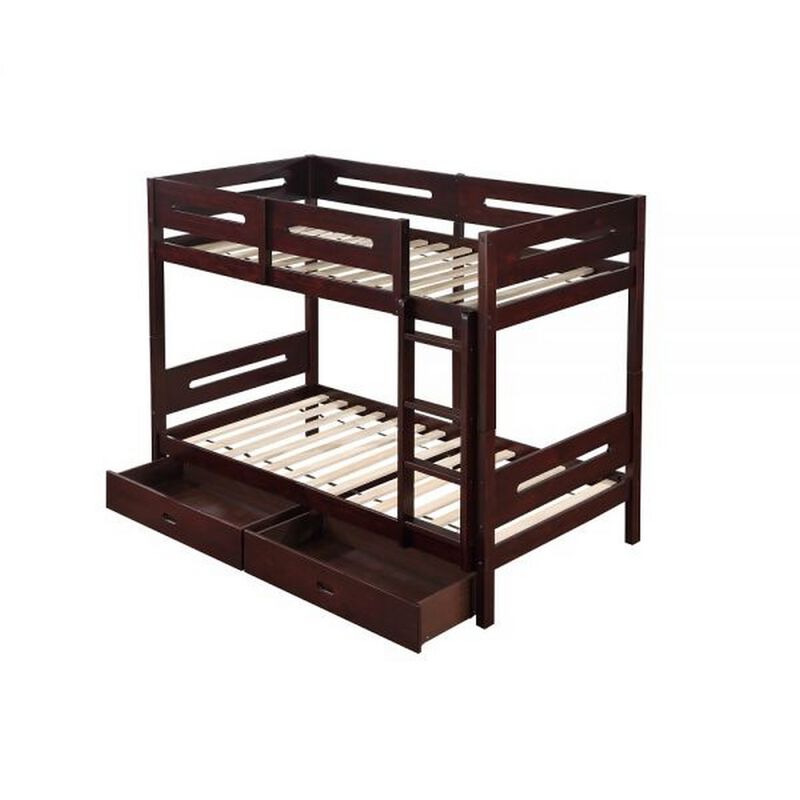 Asin Twin Bunk Bed, Front Facing Ladder, Storage, Solid Pine Wood, Brown - Benzara