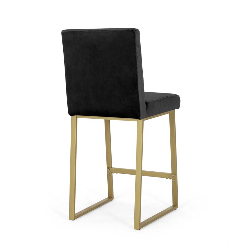Counter Stool Chair Set of 2, Gold Sled Metal Base, Black Velvet - Benzara