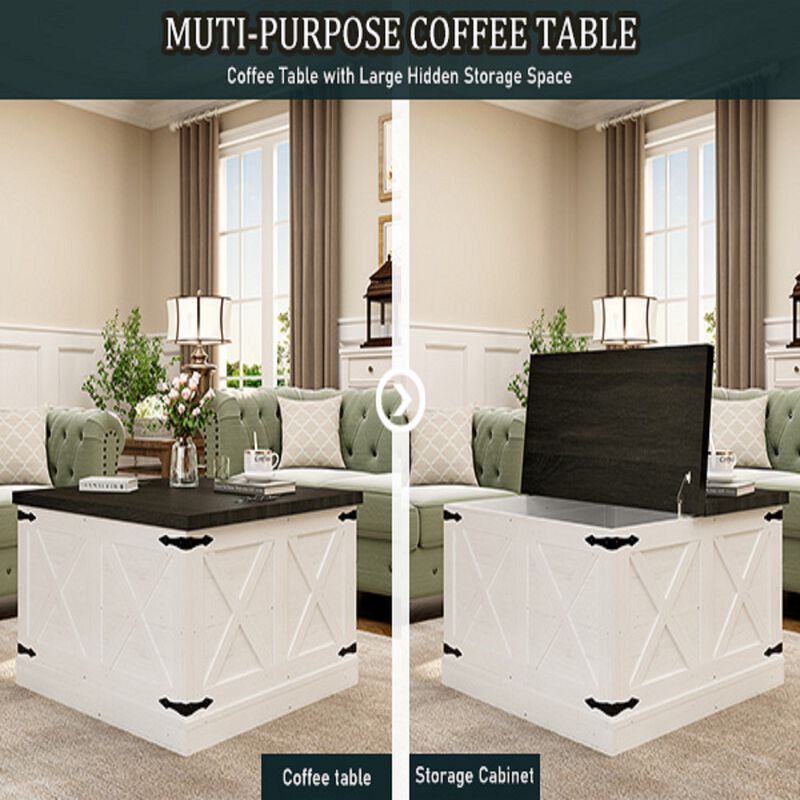 Mondawe Farmhouse Coffee Table, With Hinged Lifting Top Square Wooden Central Table