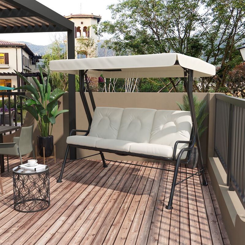 Cream White Porch Swing: 3-Seat Patio Chair with Adjustable Canopy