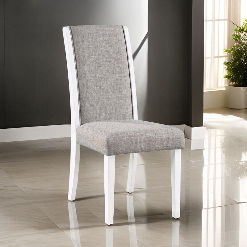 Joyce 26 Inch Side Dining Chair Set of 2, Gray Linen Upholstery, White Wood - Benzara