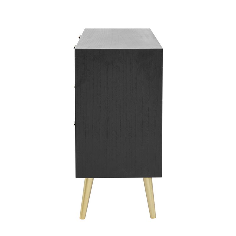 31 Inch Dresser Chest Cabinet, 3 Drawers, Woven Rattan, Modern, Black, Gold-Benzara